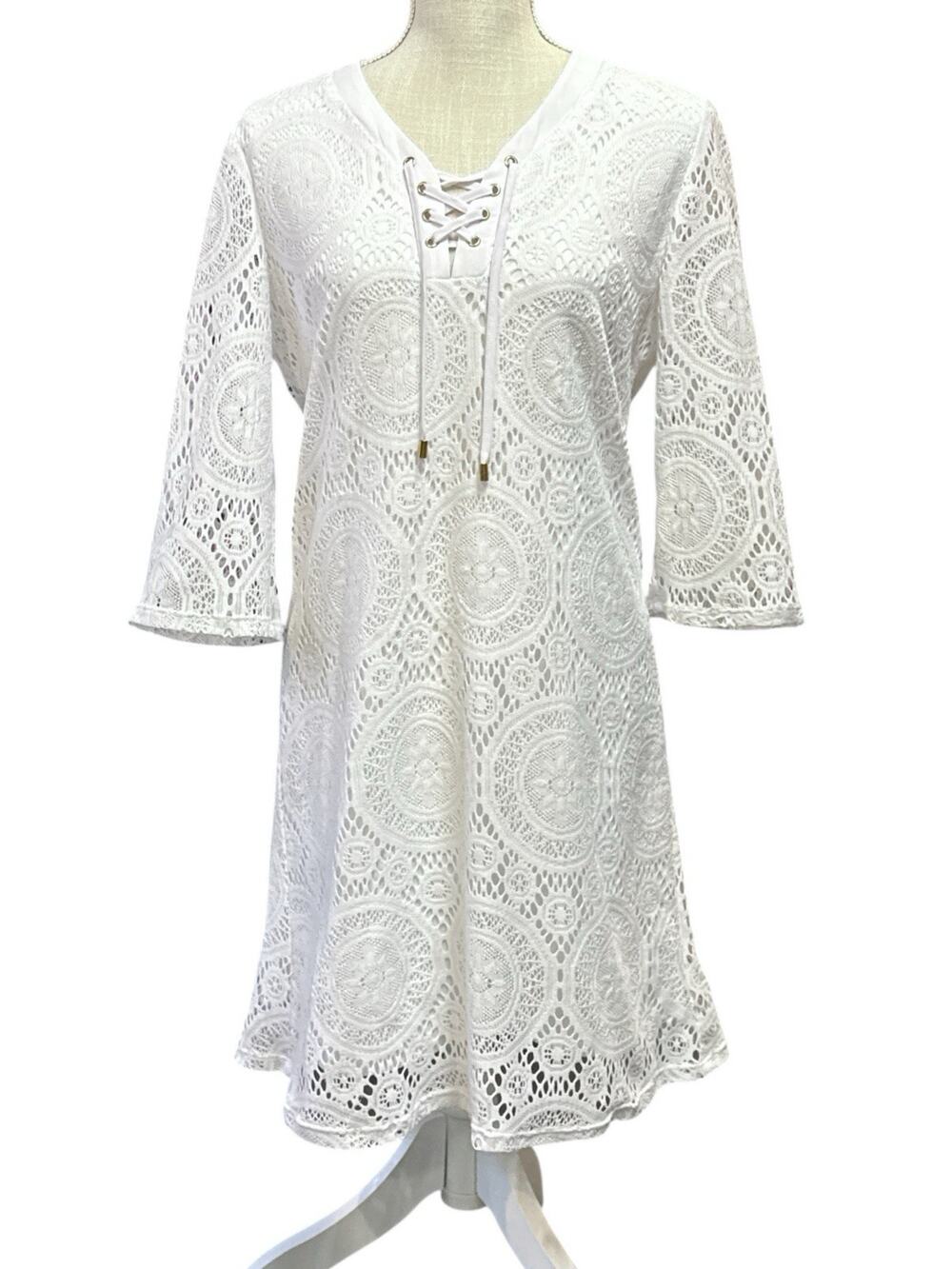 Tacera Dress Cover Up White Crochet Lace Resort Boho Beach Tunic Lace Up Neck S